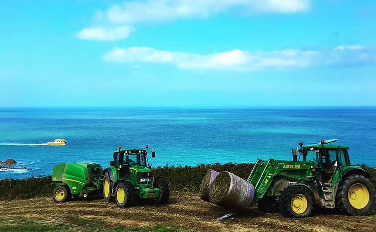 Tractors harvesting — village backdrop